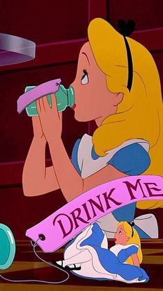 a cartoon girl drinking from a bottle next to a pink ribbon that says drink me