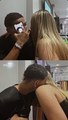 two photos of a man and woman kissing each other in front of a computer screen