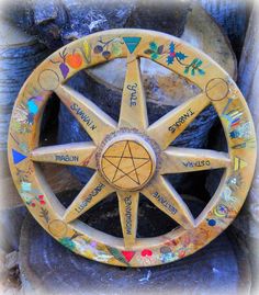 a wooden wheel with various symbols on it