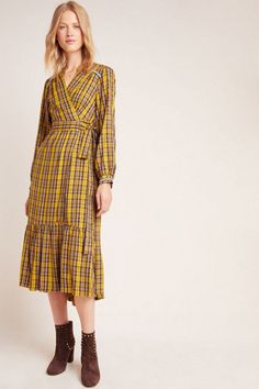 Nuuly | Dresses Yellow Plaid Dress, Plaid Wrap Dress, Trendy Dresses Summer, Blue Bodycon Dress, Wrap Maxi Dress, Yellow Plaid, Menswear Inspired, Maxi Wrap Dress, Plaid Dress