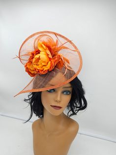 "Beautiful orange saucer Kentucky derby style Fascinator on a confidence comfortable 2\"wide headband, adorn with flowers and feathers. It's slightly curved around the brim.   - Ready to ship  - Lightweight - Free Shipping - Fast shipping - Customize by adding different color flowers and or feathers Check my store for styles and colors.  Hatsandpearls.etsy.com Find more at my website: Www.hatsandpearls.com  Reach out to me if you can't find what you are looking for.  I can make cake custom orders and help you style and match your outfit  Tag and share your pictures when you wear and style our hats.  Instagram: @hats_pearls Facebook: Hats Pearls Thank you for visiting and happy shopping!" Orange Headpiece For Kentucky Derby Races, Orange Headpieces For Kentucky Derby Races, Orange Fitted Headpiece For Kentucky Derby, Orange Mini Hat For Kentucky Derby Races, Elegant Orange Headpiece For Spring, Elegant Orange Party Costume Hats And Headpieces, Fitted Feathered Summer Costume Hats, Elegant Orange Costume Hats And Headpieces For Party, Elegant Orange Summer Costume Hat