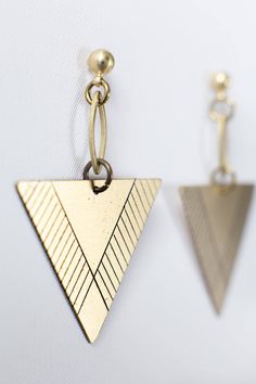 Triangle Earring Brass Earring Dangle Earrings Drop Triangle Gold Metal Earrings, Gold Triangle Metal Earrings, Nickel-free Geometric Brass Earrings, Triangle Metal Earrings For Gift, Everyday Gold Triangle Earrings, Nickel Free Triangle Metal Earrings, Nickel-free Metal Triangle Earrings, Geometric Brass Earrings, Earring Dangle