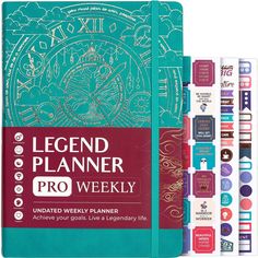 the legend planner pro weekly planner is shown in three different colors and features an intricate design