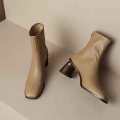 Chic Square Toe Boots With Zipper Closure, Beige Heeled Boots With Sculpted Block Heel, Chic Beige Pointed Toe Platform Boots, Chic Beige Platform Boots With Pointed Toe, Beige Pointed Toe Boots With Zipper Closure, Chic Heeled Boots With Zipper And Square Toe, Trendy Beige Boots For Work, Trendy Beige Boots For Workwear, Beige Square Toe Heeled Boots For Work