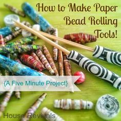 several different types of paper bead rolling tools on a green surface with text overlay that reads how to make paper bead rolling tools