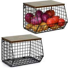 two metal baskets filled with vegetables on top of each other