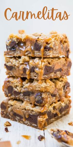 chocolate chip cookie bars stacked on top of each other