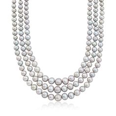 Ross-Simons - 6-11.5mm Gray Cultured Pearl Graduated Three-Strand Necklace, 14kt Yellow Gold. 18". An RS exclusive. In a grand display, this 6-11.5mm gray cultured freshwater pearl three-strand necklace creates an impressive and classic fashion statement. Graduates from 3/4" to 1 1/2" wide. Fastens with a 14kt yellow gold box clasp. Gray pearl necklace. Pearl birthstones are the perfect gift for June birthdays. Gray Pearl Necklace, Grey Pearl Necklace, Three Strand Necklace, Pearl Birthstone, Gold Sign, Gold Box, Box Clasp, Jewelry Essentials, Necklace Pearl