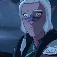 an animated character with white hair and blue eyes