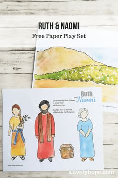 the ruth & nomi paper play set is shown on a wooden table with text overlay