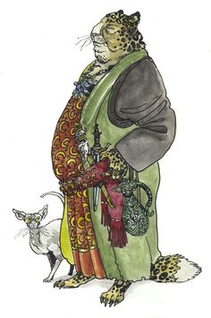 a drawing of a cat and a woman in costume with an animal on the other side