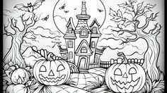 halloween coloring pages with pumpkins in front of a castle and bats on the ground