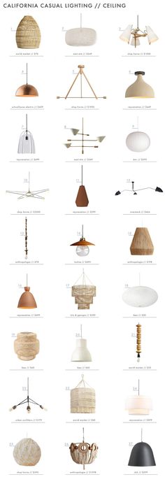 an info sheet showing the different types of lamps hanging from ceiling lights and chandeliers