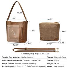 FEATURES Durable Crossbody Bag: This bucket handbag is made of durable BUFFALO leather Convertible Tote Bag: comes with adjustable straps (14.17"-27.95") & 1 detachable strap (11.8") switch your bag to hand carry/shoulder/crossbody bag Functional Shoulder Bag: 1 x Front Open Pocket, 1 x Interior Main Compartment, 1 x removable pouch Humanized Design: Magnetic Closure & foam-padded cushion bottom protect: Size of bag: 12.99(Upper L) x 10.62(Bottom L) x 4.92(W) x 11.81(H)inch Size of pouch:10.62(U Handheld Faux Leather Bucket Bag For Travel, Faux Leather Bucket Bag With Detachable Handle For Everyday, Faux Leather Bucket Bag With Leather Handles For Travel, Everyday Faux Leather Bucket Bag With Detachable Handle, Everyday Use Faux Leather Bucket Satchel, Convertible Tote Bag, Bucket Tote Bag, Large Leather Bag, Bucket Tote