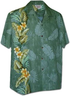 Pacific Legend Tropical Plumeria Single Panel Hawaiian Shirt 100% cotton poplin fabric  Matched pocket Coconut Buttons Made in Hawaii Size chart image above Green Hawaiian Shirt, Hawaiian Outfit, Cool Hawaiian Shirts, Hawaiian Dress, Beach Casual, Mens Formal, Mens Short Sleeve Shirt, Mens Hawaiian Shirts, Aloha Shirt