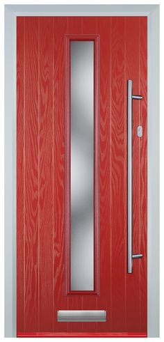 a red front door with a mirror on the side and a metal handle to it