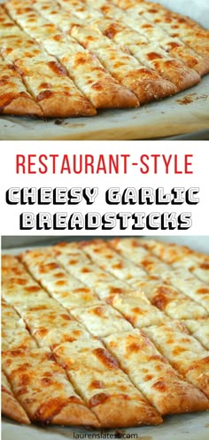 an image of a pizza with cheese on it and the words restaurant - style cheesy garlic breadsticks