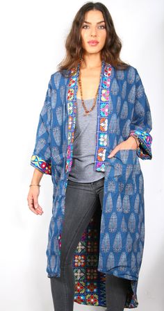 Our “Vintage Mirrored Kimono Coat” is a unique, one of a kind coat. The kimono is made from hand made embroidery mirrored fabric famous from the Rajasthan region of India. One of a kind Vintage (old) embroidered cloth’s are carefully selected by us and mixed and mended and sewn together and stacked in a whimsical hand made way. The Kimono coats are lined with soft hand printed cotton fabric. This unique item is a fabric & fashion lovers dream, and the coat is such a cool Artsy look. The coat is Mirrored Fabric, Kimono Coat, Printed Cotton Fabric, Vintage Kimono, Soft Hand, Fashion Lover, Printed Cotton, Hand Made, Cotton Fabric