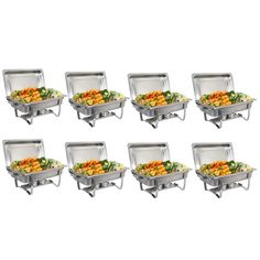 six stainless steel chafing pans filled with vegetables