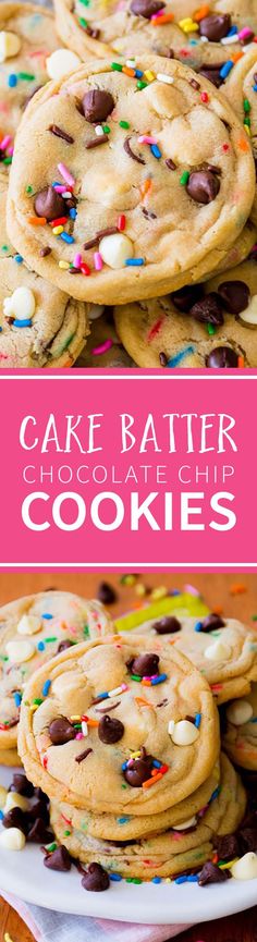 chocolate chip cookie cookies with sprinkles on a white plate and pink background