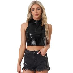 Check out this stunning holographic crop top! With its metallic color, mock neck, zipper front, and sleeveless, slightly stretchy design, this top is perfect for any upcoming festival or party. The stylish and charming metal fabric will make you stand out in the disco, night out, and party crowd. Pair it with high-waist PU leather pants, shorts, or mini skirts for a cool Y2K style that's sure to turn heads. Cropped Crop Top With Zipper Closure For Night Out, Cropped Zipper Closure Crop Top For Night Out, Fitted Tops With Zipper Closure For Club, Trendy Cropped Top With Zipper Closure, Trendy Cropped Tops With Zipper Closure, Edgy Fitted Top With Zipper Closure, Spring Club Tops With Zipper Closure, Stretch Tops With Zipper Closure For Club, Black Zipper Closure Crop Top For Party