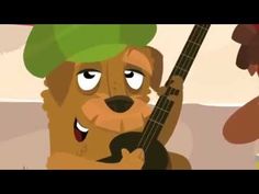 a cartoon dog with a green hat holding a guitar