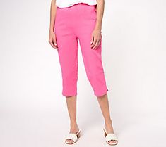 The OG. You've shown some big love for these Denim & Co.® Original Waist pants, and they're back in a soft, summery capri. Why so popular? The timeless, uncomplicated design pairs so easily with all types of tops and tees. (Psst... Get ready to fall in love all over again.) From Denim & Co.® Fashions. Stretch Pink Bottoms With Pull-on Style, Knee-length Bottoms With Side Pockets For Spring, Spring Knee-length Pants With Pockets, Spring Knee-length Shorts For Day Out, Stretch Cotton Capris With Pull-on Style, Relaxed Fit Knee-length Pants With Pockets, Mid-rise Bottoms With Side Pockets For Spring, Casual Capris With Elastic Waistband, Spring Mid-rise Cotton Capris