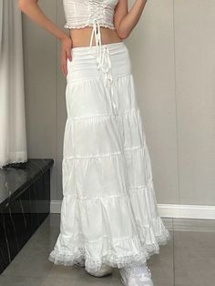 43049912991791|43049913024559|43049913057327 White Tiered Skirt With Drawstring, Y2k Fall Outfits, White Long Skirt, Cake Skirt, High Waisted Pleated Skirt, Female Clothes, Skirt For Women, Lace Patchwork, Ladies Clothing