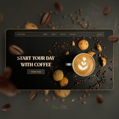 an image of a coffee cup with cookies around it on a tablet screen that says start your day with coffee