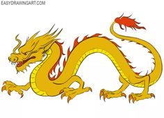 a yellow dragon with red eyes and long, sharp claws on it's head