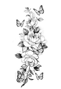 a black and white drawing of flowers with butterflies