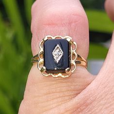 Fresh from an estate this spectacular 10k rare 1940s Edwardian era Art Deco style Gothic look rectangle onyx and diamond ladies ring. This is an original antique Art Deco style ladies rectangle shaped onyx and diamonf ring with a great Gothic look. Ring is stunning and has very intricate gold work. Onyx in center measures about 10 mm high X  8 mm wide. Stamped with 10k mark inside as shown. Ring is a small size just shy of a US size 4 1/2 as shown. Ring can be sized by any professional jeweller Diamonf Ring, Ring Inspo, Gothic Looks, Edwardian Jewelry, Style Gothic, Ladies Ring, Black Onyx Ring, Gold Work, Edwardian Era