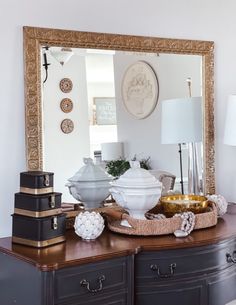 Cozy Home for winter with candlelight. Six wick candle on a buffet and tray. Antique Sideboard Buffet, Farmhouse Winter Decor, Plain Mirror, Mirror Makeover, Old Mirror, White Lilac, Antique Sideboard, Dixie Belle Paint, Mirror Painting