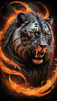 a white tiger with orange flames on it's face