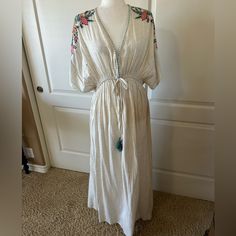 Flowy Beach-Vibe Boho Dress. Nwt, Never Worn. Embroidered Sleeves, Elastic Waist With Aqua Green Tassels At Tie Waist. 57.5” Overall Length. Long Embroidered Maxi Dress For Beach Cover-up, Cream Bohemian V-neck Maxi Dress, Embroidered Maxi Length Beach Cover-up Dress, Embroidered Multicolor Beach Cover-up Dress, Bohemian V-neck Rayon Maxi Dress, Cost Plus World Market, World Market, Aqua Green, Beach Vibe