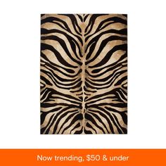 a zebra print rug with the words $ 50 & under