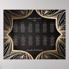 a black and gold wedding seating chart on a white wall with an art deco design