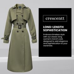 Crescentt's Elegant Long Trench Coat in Army Green Elevate your outerwear with our elegant, long trench coat in army green. Perfect for the sophisticated woman, this trench coat combines functionality with a touch of timeless class. Windproof & Water-Repellent: Stay dry and protected in unpredictable weather with this coat’s superior windproof and water-repellent properties. Long Length: The extended length not only adds a touch of sophistication but also offers additional protection against the Elegant Long Khaki Outerwear, Elegant Khaki Outerwear, Solid Color, Green Winter Raincoat For Workwear, Green Raincoat For Winter Workwear, Green Winter Raincoat For Work, Elegant Raincoat For Workwear In Fall, Elegant Winter Raincoat With Long Sleeves, Green Spring Workwear Raincoat, Spring Workwear Green Raincoat