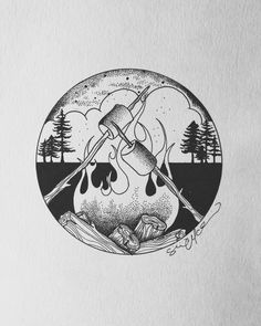 an ink drawing of some food in the middle of a circle with trees on it