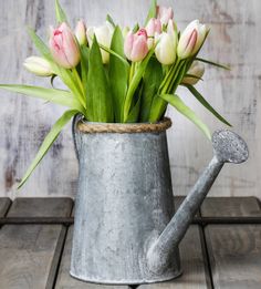 pink and white tulips are in a watering can with a metal spoon next to it