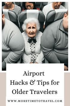 an older woman sitting in the middle of some seats with text overlay reading airport hacks and tips for older travelers