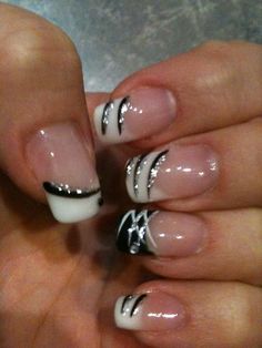 I love the use of stripes with the classic French tips Nail Airbrush, Black And White Nail, Black And White Nail Art, Fingernail Designs, Her Nails, Acrylic Nail Art, Gel Nail Designs