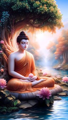 a painting of a buddha sitting in the water