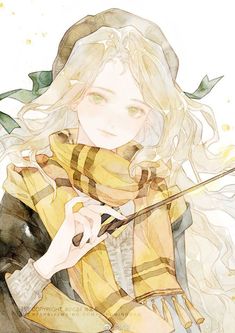 a watercolor painting of a woman with long hair wearing a yellow scarf and holding a violin