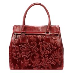 Red Italian Handmade Leather Satchel Bag - Large Elegant Shoulder Bag for Women - Made in Italy This classic leather satchel bag is crafted from genuine Italian leather, embossed with a delicate botanical pattern, offering a timeless elegance. It is a large red handbag with a single-compartment design, combining practicality with style. The interior is lined with durable fabric, ensuring longevity, and features a zippered pocket and a phone pocket, providing ample space for all your essentials. Classic Formal Embossed Bags, Classic Formal Bags With Embossed Details, Elegant Embossed Travel Bag, Classic Rectangular Embossed Bag, Classic Embossed Rectangular Bag, Classic Rectangular Embossed Bags, Elegant Embossed Top Handle Bag, Elegant Top Handle Embossed Bag, Elegant Embossed Top Handle Shoulder Bag