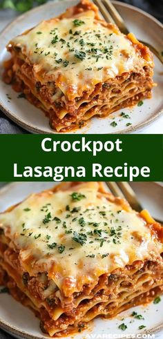 crockpot lasagna recipe with cheese and herbs on the top, in two separate images