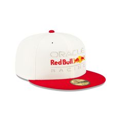 The Oracle Red Bull Racing Essential White 59FIFTY Fitted Cap features an embroidered Oracle Red Bull Racing wordmark at the front panels with a red visor and a gray undervisor. The Oracle, Red Bull Racing, New Era 59fifty, Fitted Caps, Fitted Hat, Fitted Hats, Red Bull, New Era, Hats