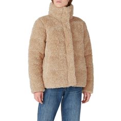 Brown faux shearling (100% Polyester). Jacket. Long sleeves. White faux shearling details around collar and sleeve cuffs. Snap button closures. Attached hood. Fully lined. 24" from shoulder to hemline. Imported Winter Sherpa Fur Coat With Faux Fur Trim, Fall Faux Fur Coat With Fleece Lining, Winter Faux Fur Outerwear With Padded Collar, Winter Outerwear With Padded Collar And Faux Fur, Fall Fur Coat With Padded Collar For Cold Weather, Winter Sherpa Outerwear With Padded Collar, Faux Shearling Jacket, Polyester Jacket, Golden Years