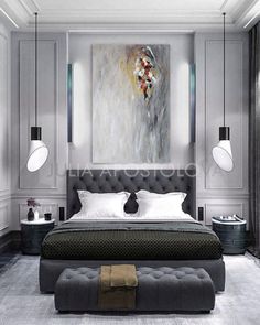 a large bed sitting in the middle of a bedroom next to a painting on the wall