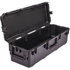 two black plastic containers with dividers and lids are shown open to show the inside